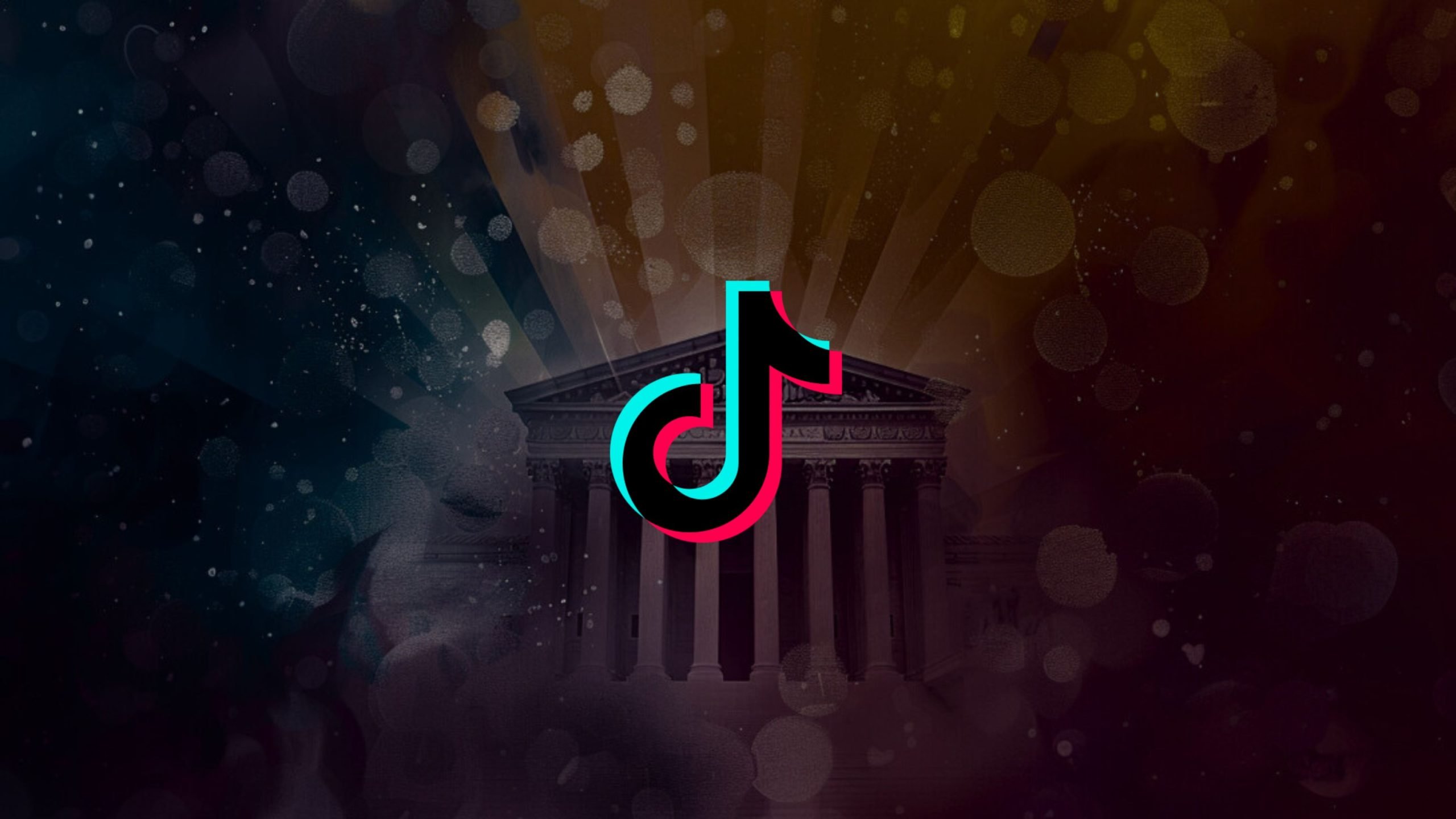 TikTok logo superimposed over a background of a classical building with columns, surrounded by light and bokeh effects.