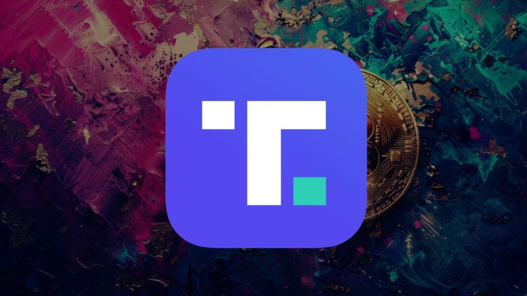 Square-shaped blue logo with a stylized white "T" and a small green square at the bottom right corner, set against an abstract multicolor background with hints of a Bitcoin.