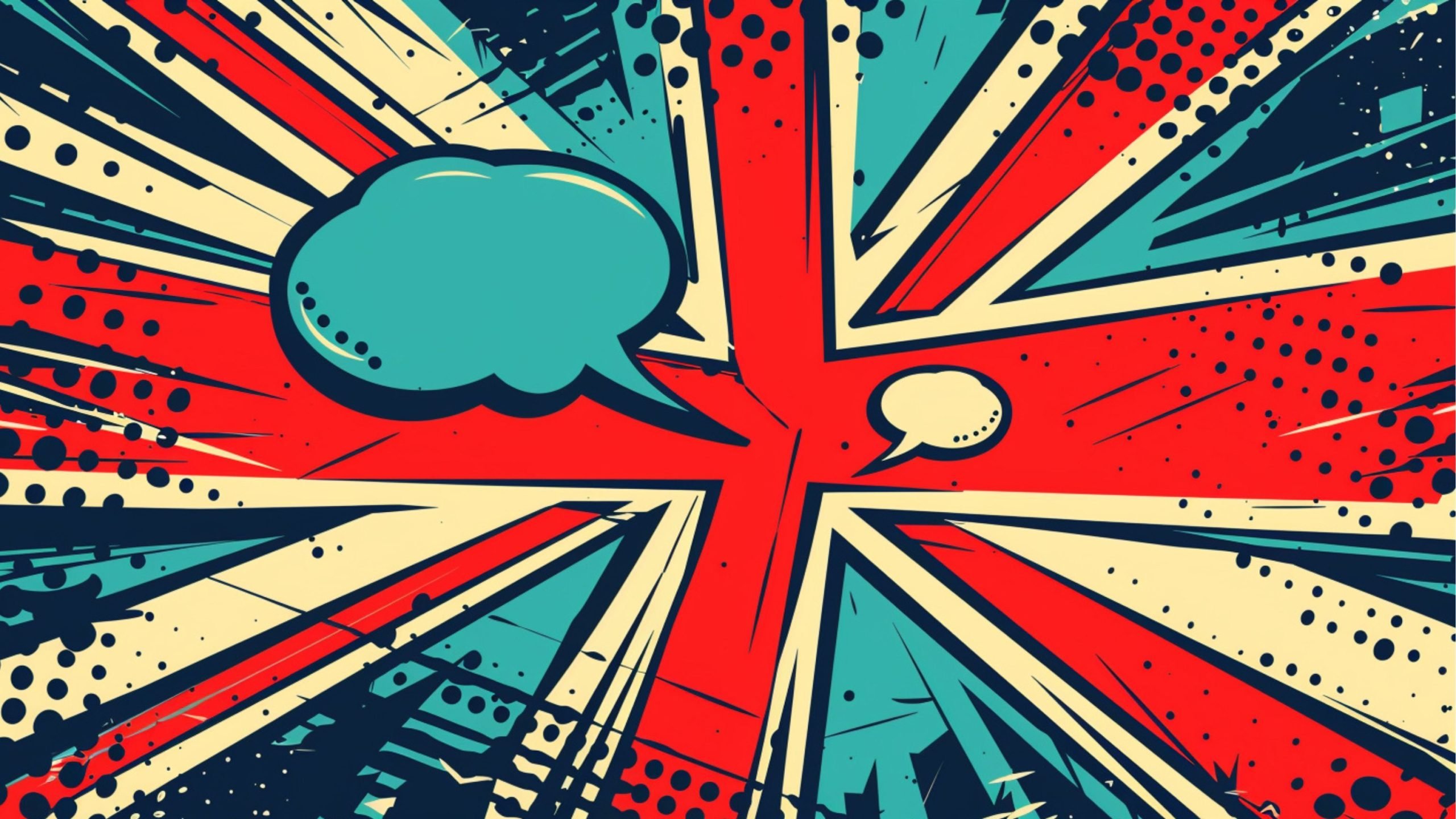 Pop art style illustration of the Union Jack flag with comic speech bubbles.