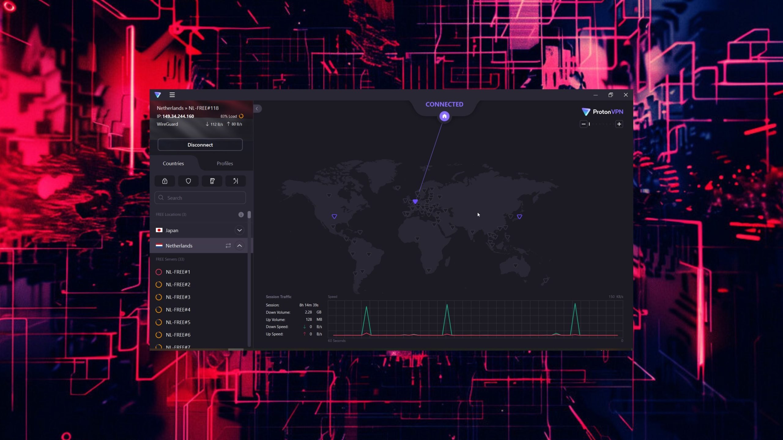 VPN interface showing a world map connection to the Netherlands, with network statistics, over a red and black digital background.