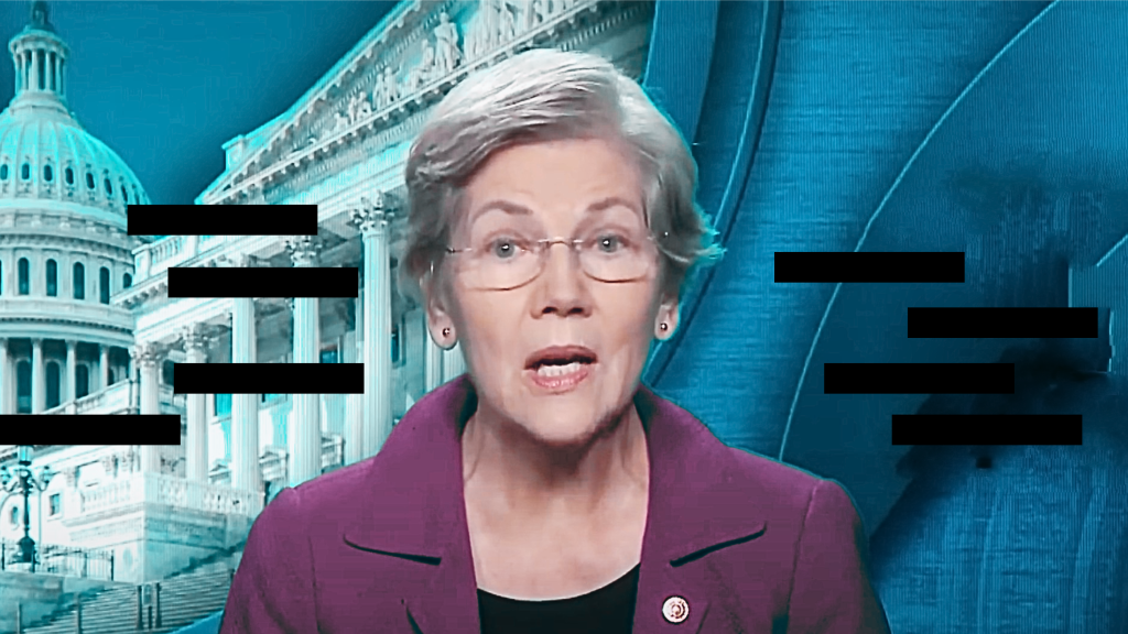 Warren speaking in front of a backdrop featuring the U.S. Capitol building.