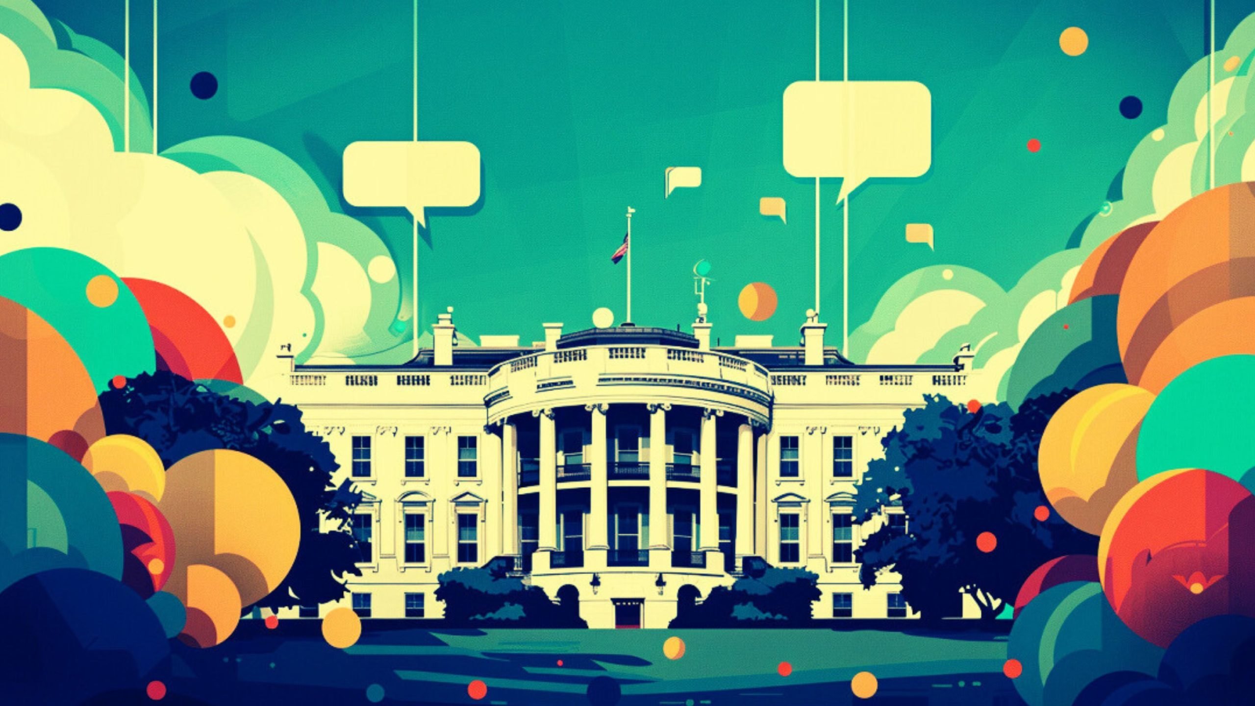 Illustration of the White House with colorful abstract shapes and speech bubbles in the sky.