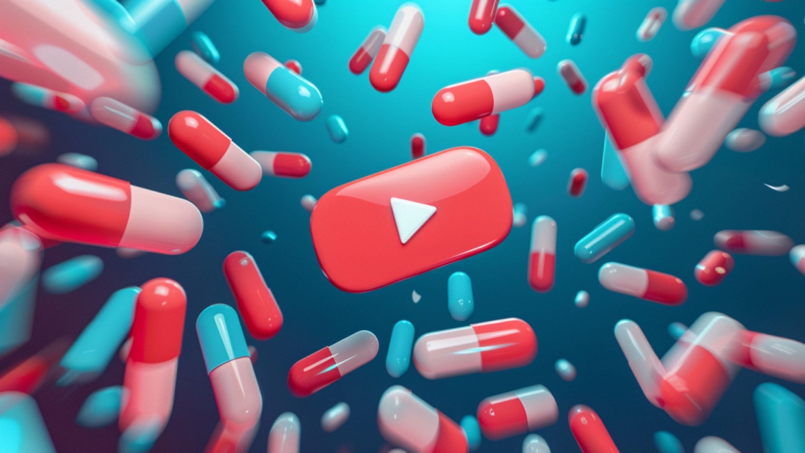 Floating capsules with a YouTube play button on a red pill.