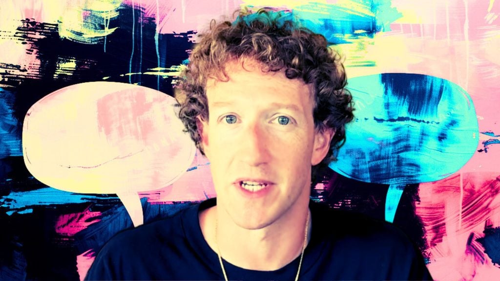 Zuckerberg with curly hair in front of a colorful abstract background with speech bubbles.