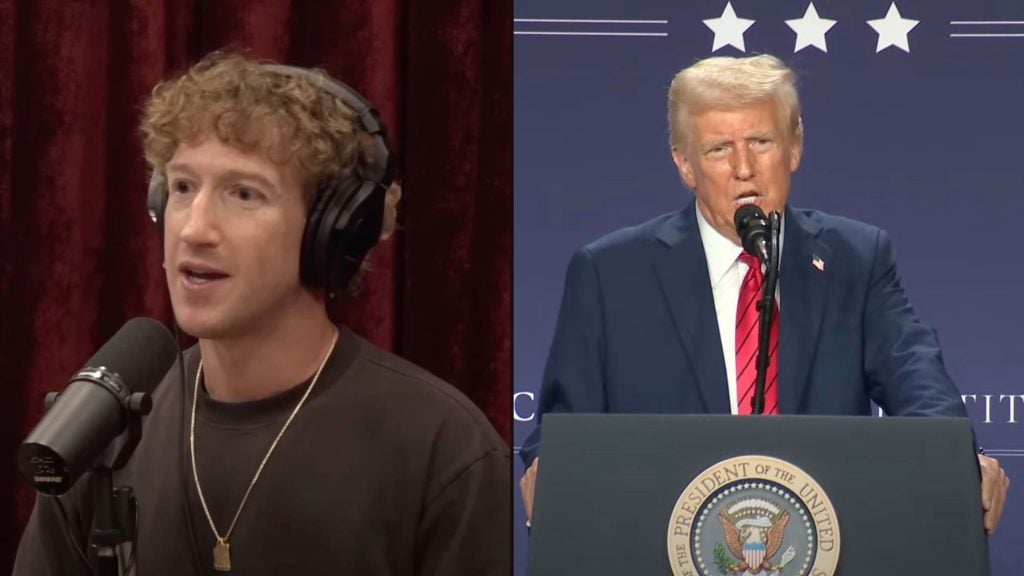 Zuckerberg and Trump speaking separately into microphones, the left one wearing headphones and a casual shirt, and the right one in a suit at a podium.