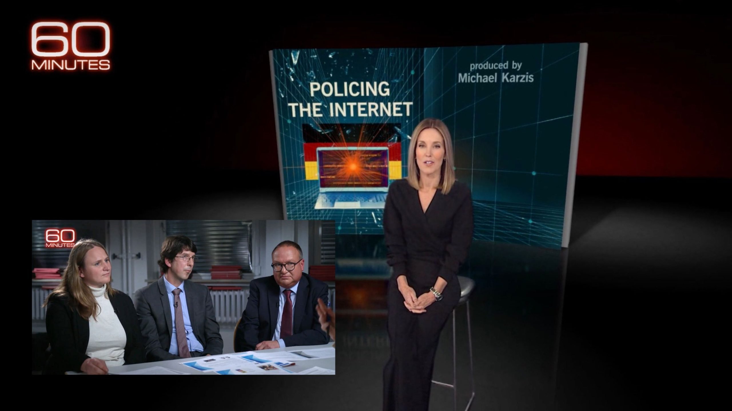 A 60 Minutes segment titled "Policing the Internet," produced by Michael Karzis, featuring a woman seated next to a large screen displaying a laptop graphic. Inset shows a panel of three people in a discussion.