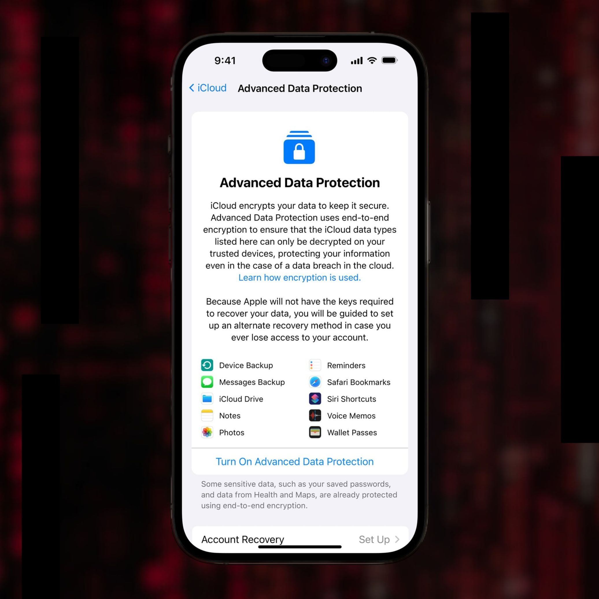 Apple's Advanced Data Protection settings, explaining the use of end-to-end encryption for iCloud data.