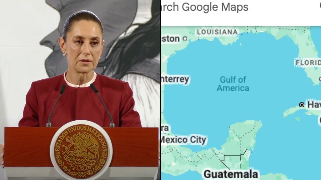 Split image with a Claudia Sheinbaum speaking at a podium featuring the Mexican seal on the left, and a map showing the "Gulf of America" instead of the Gulf of Mexico on the right.