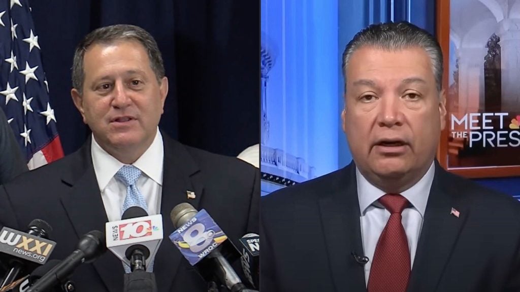 Split image showing two men in suits; on the left, Padilla speaks at a podium with microphones and an American flag in the background, on the right, a Morelle is in a television studio with 'Meet the Press' graphics.