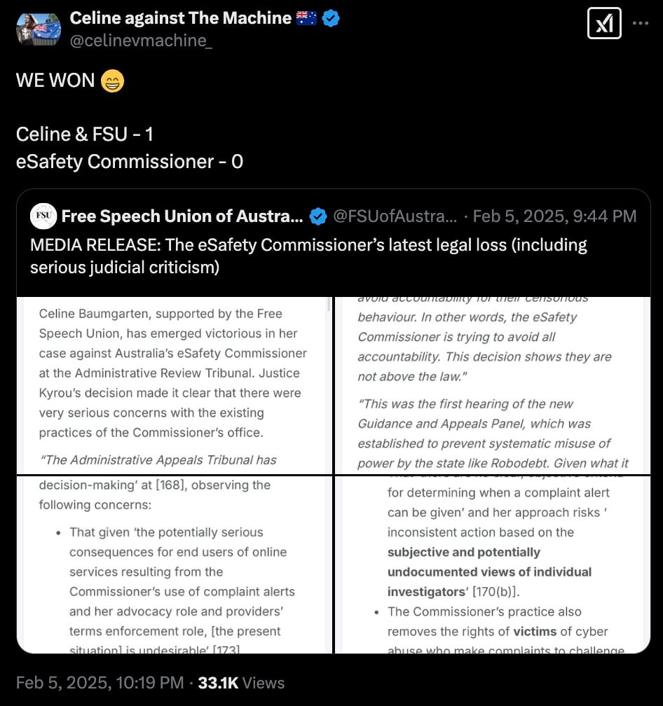 A tweet from "Celine against The Machine" celebrating a legal victory against the eSafety Commissioner, referring to a tweet by the Free Speech Union of Australia detailing a court decision.