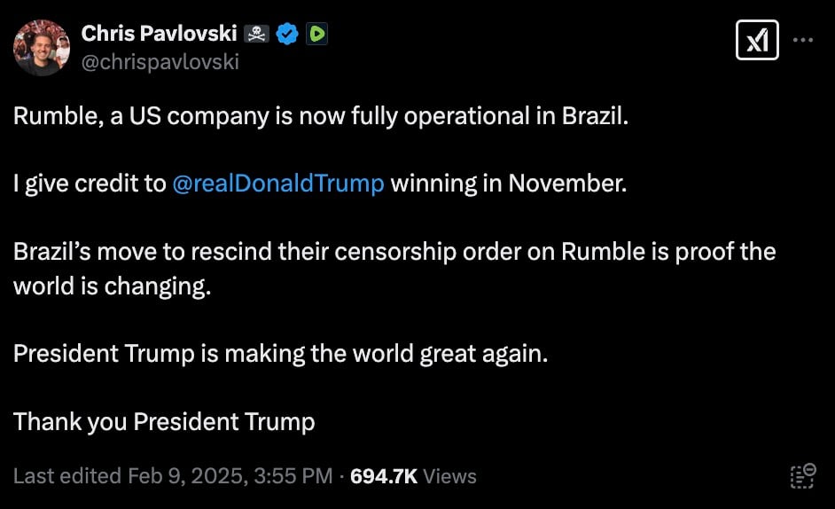 Chris Pavlovski's tweet praising Donald Trump for Rumble's expansion into Brazil and referencing Brazil's lifted censorship order on the company.