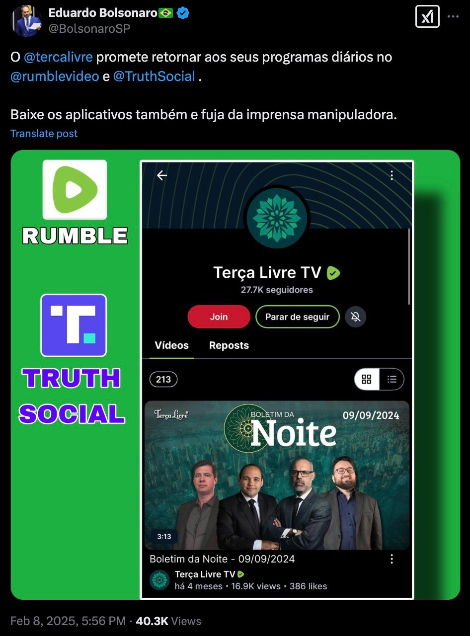 Tweet promoting Terça Livre TV on Rumble and Truth Social with images of the platforms' logos and a screenshot of the Terça Livre TV channel interface.