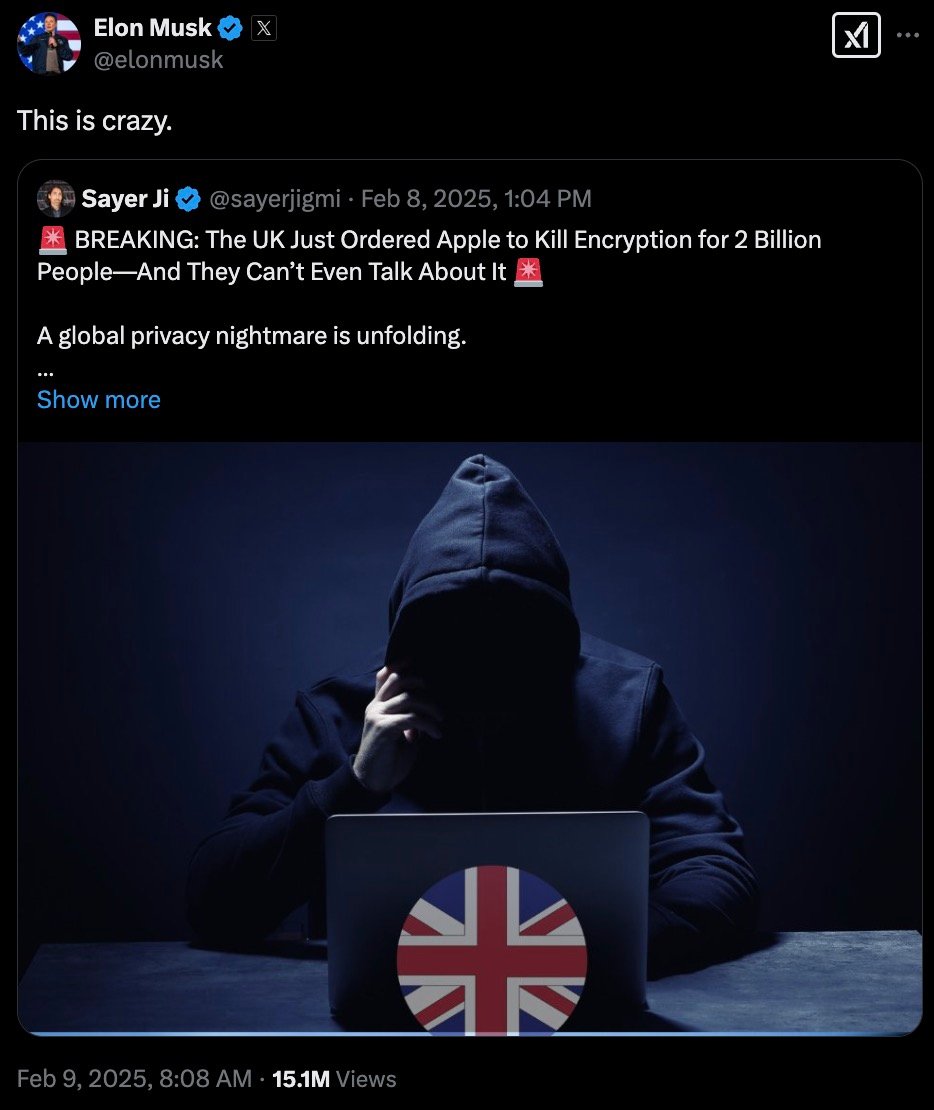 A social media post by Elon Musk sharing another post claiming the UK ordered Apple to disable encryption, with an image of a person in a hoodie using a laptop displaying the Union Jack flag.