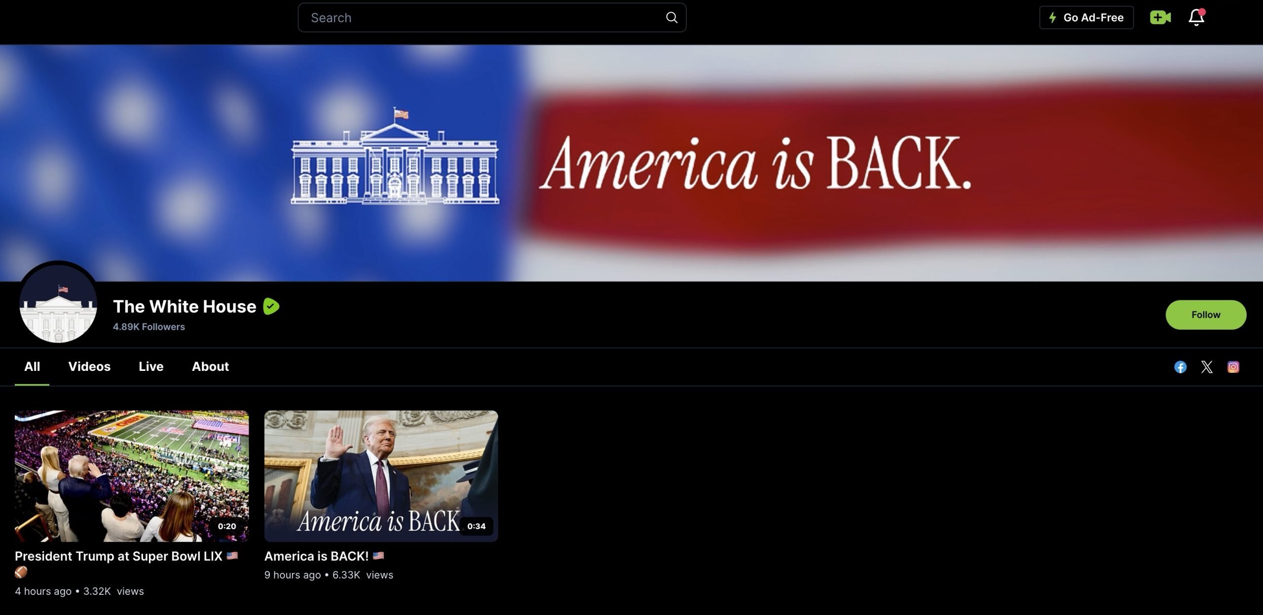 "The White House" channel page with a cover image of a stylized White House and "America is BACK." text; showing videos titled "President Trump at Super Bowl LIX" and "America is BACK!".