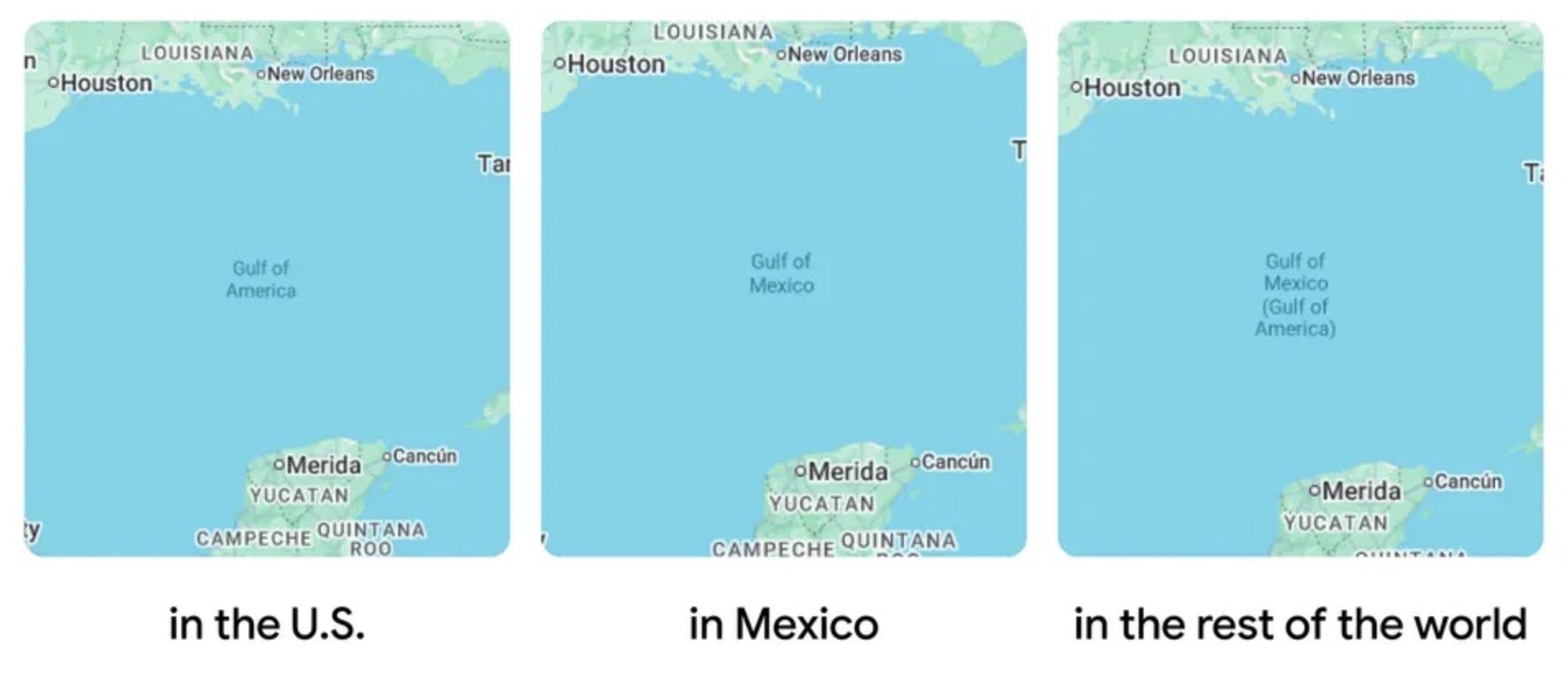 Three side-by-side maps with different labels for the Gulf of Mexico. Left map labeled "Gulf of America," middle map labeled "Gulf of Mexico," and right map labeled "Gulf of Mexico (Gulf of America)." Labels indicate U.S., Mexico, and rest of the world perspectives respectively.