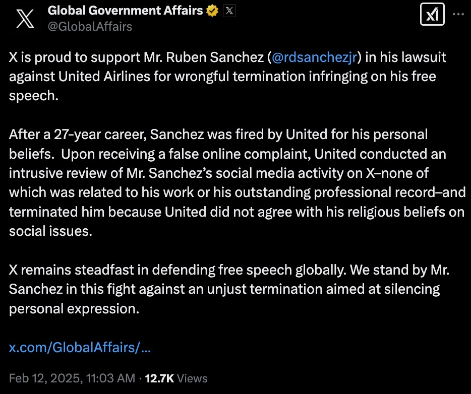 A post from Global Government Affairs on X regarding support for Ruben Sanchez in his lawsuit against United Airlines for wrongful termination based on personal beliefs and free speech infringement.