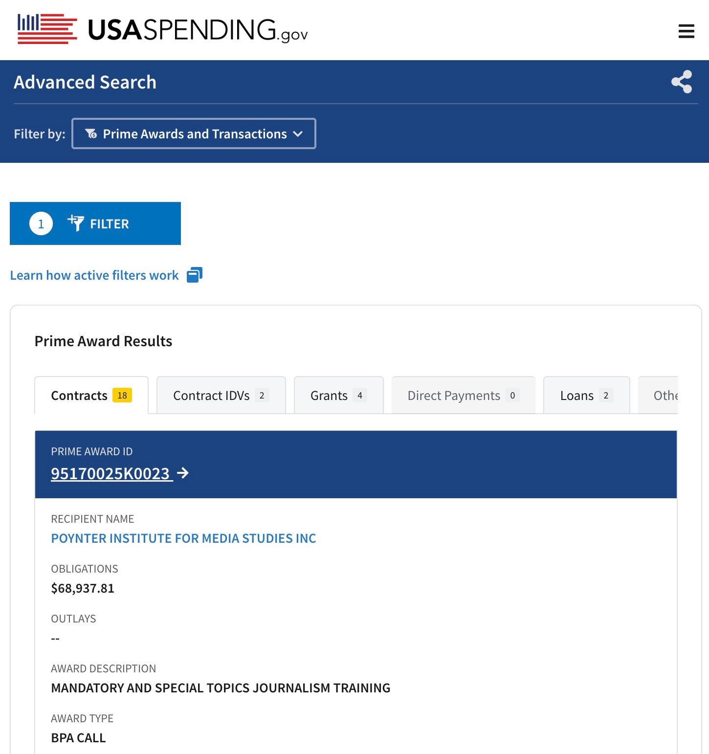 A screenshot from USAspending.gov showing advanced search results for prime awards. It highlights a contract award to Poynter Institute for Media Studies Inc with an obligation of $68,937.81 and an award description mentioning mandatory journalism training. The award type is noted as BPA Call.
