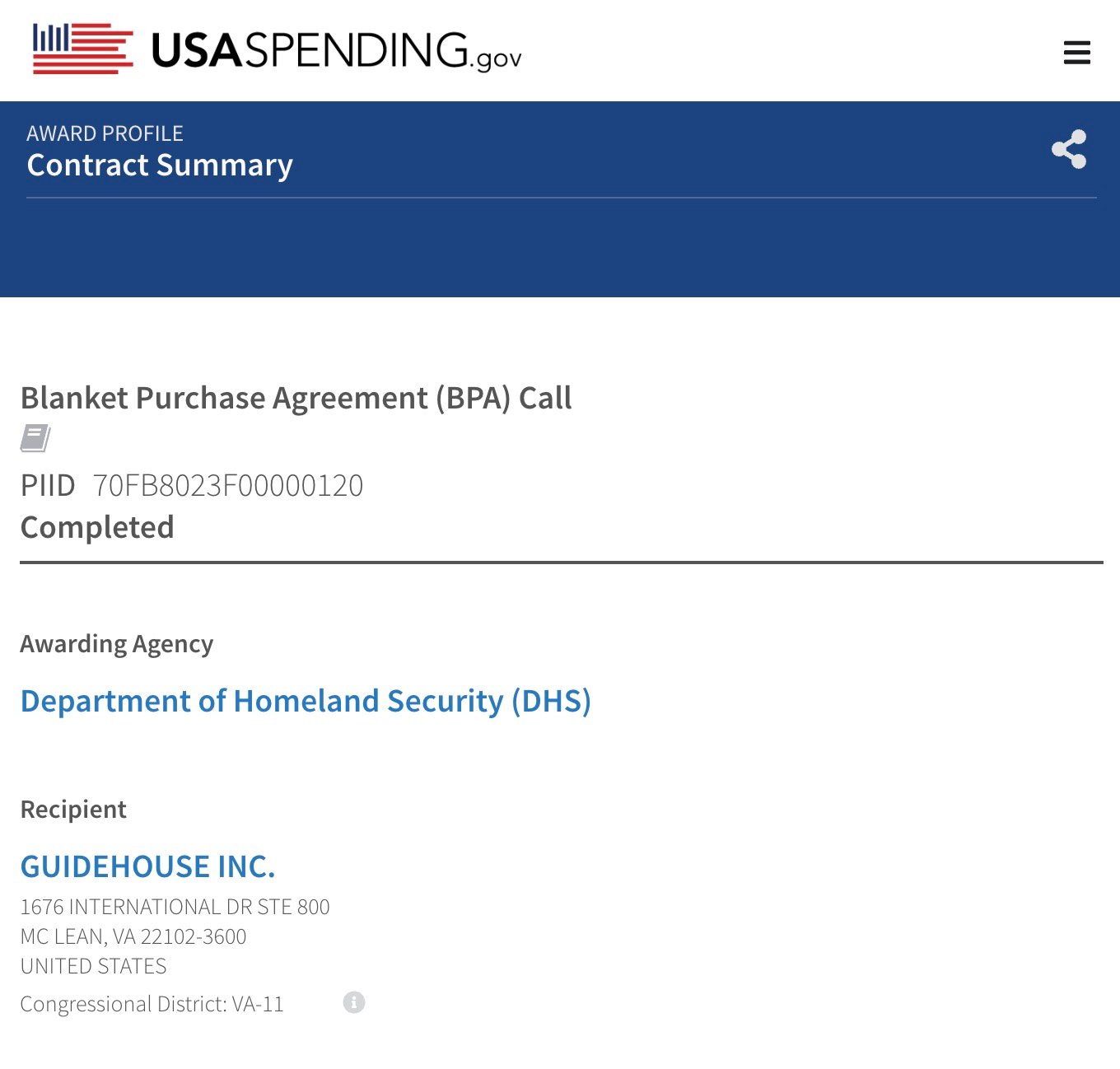 Screenshot of a USAspending.gov contract summary detailing a completed Blanket Purchase Agreement (BPA) Call awarded by the Department of Homeland Security (DHS) to Guidehouse Inc., located in McLean, VA.