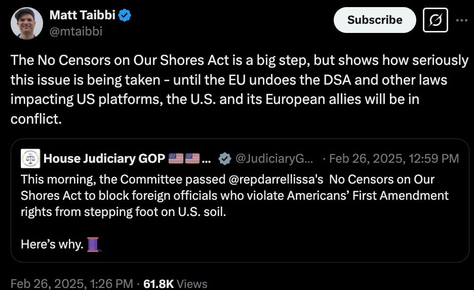 A tweet by Matt Taibbi discusses the "No Censors on Our Shores Act," highlighting its significance and potential conflict with EU laws affecting US platforms. Below is a retweet from House Judiciary GOP announcing the passing of the act to block foreign officials from US soil if they violate First Amendment rights.