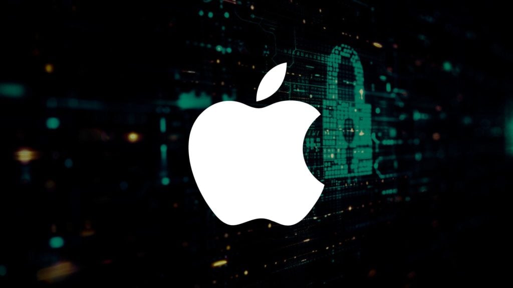 White Apple logo on a dark digital background with lock symbols, suggesting a theme of security or privacy.