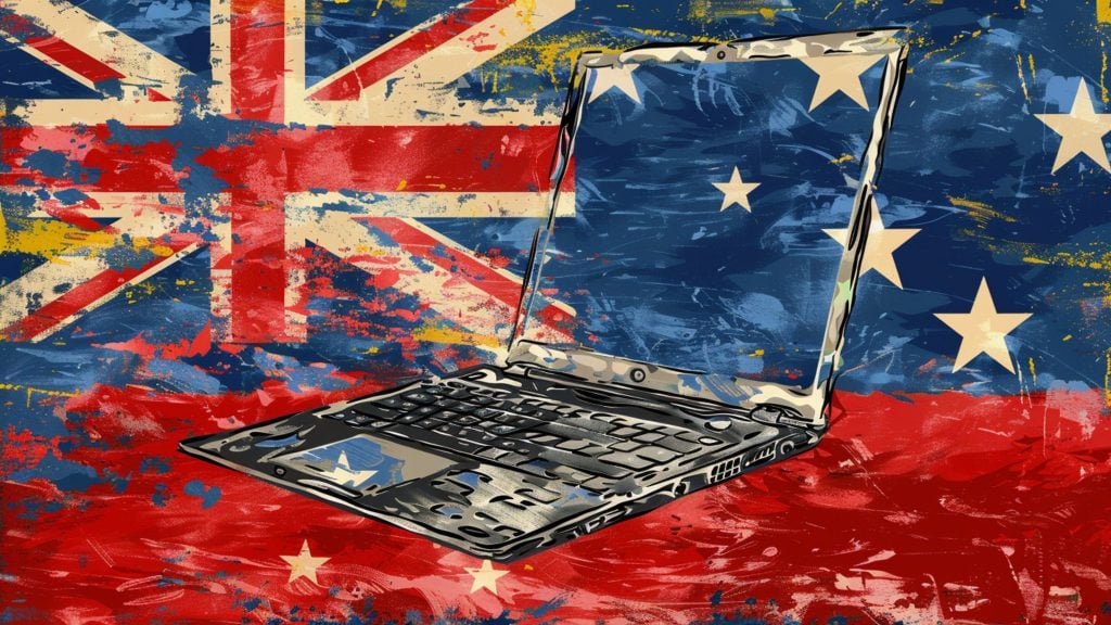 A stylized laptop with an open screen is depicted against a background incorporating elements of the Union Jack and another flag with stars, creating a vibrant and abstract composition.