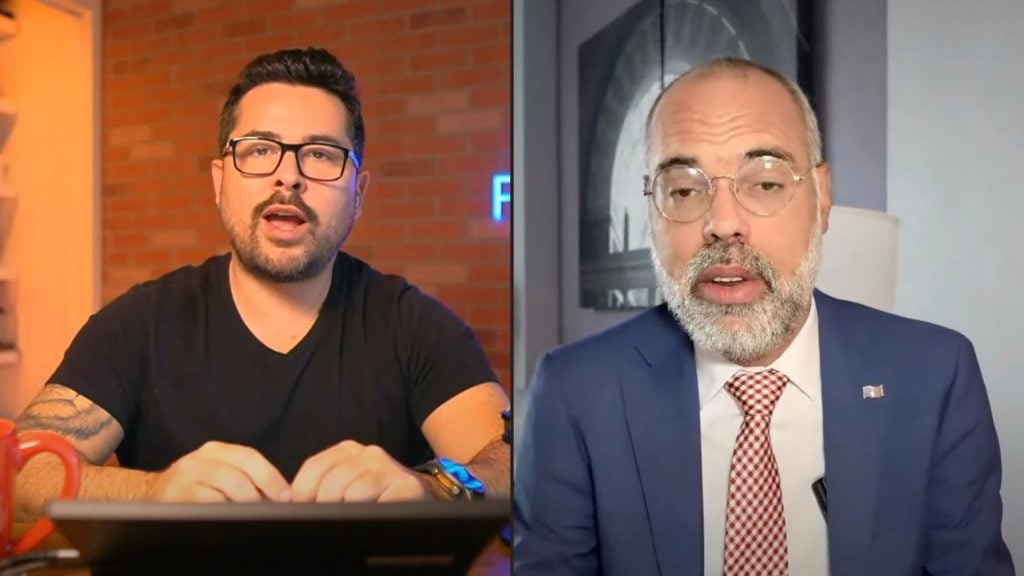 Split-screen showing Figueiredo and dos Santos men; the man on the left is in a casual setting with glasses and a black shirt, while the man on the right is in a formal setting, wearing a suit and tie with a pin on his lapel.