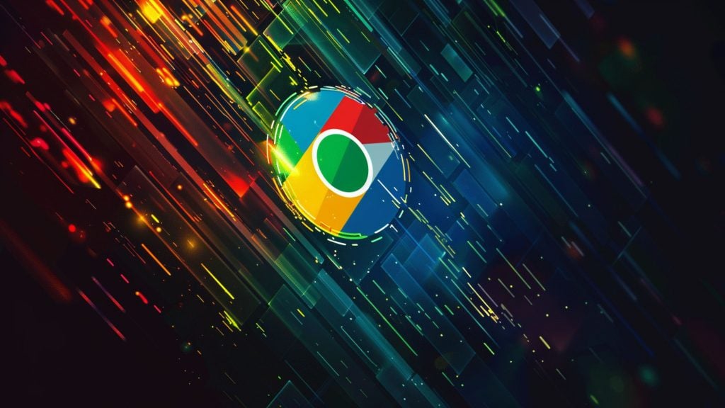 Colorful digital lines with a central circular logo featuring green, red, yellow, and blue segments.