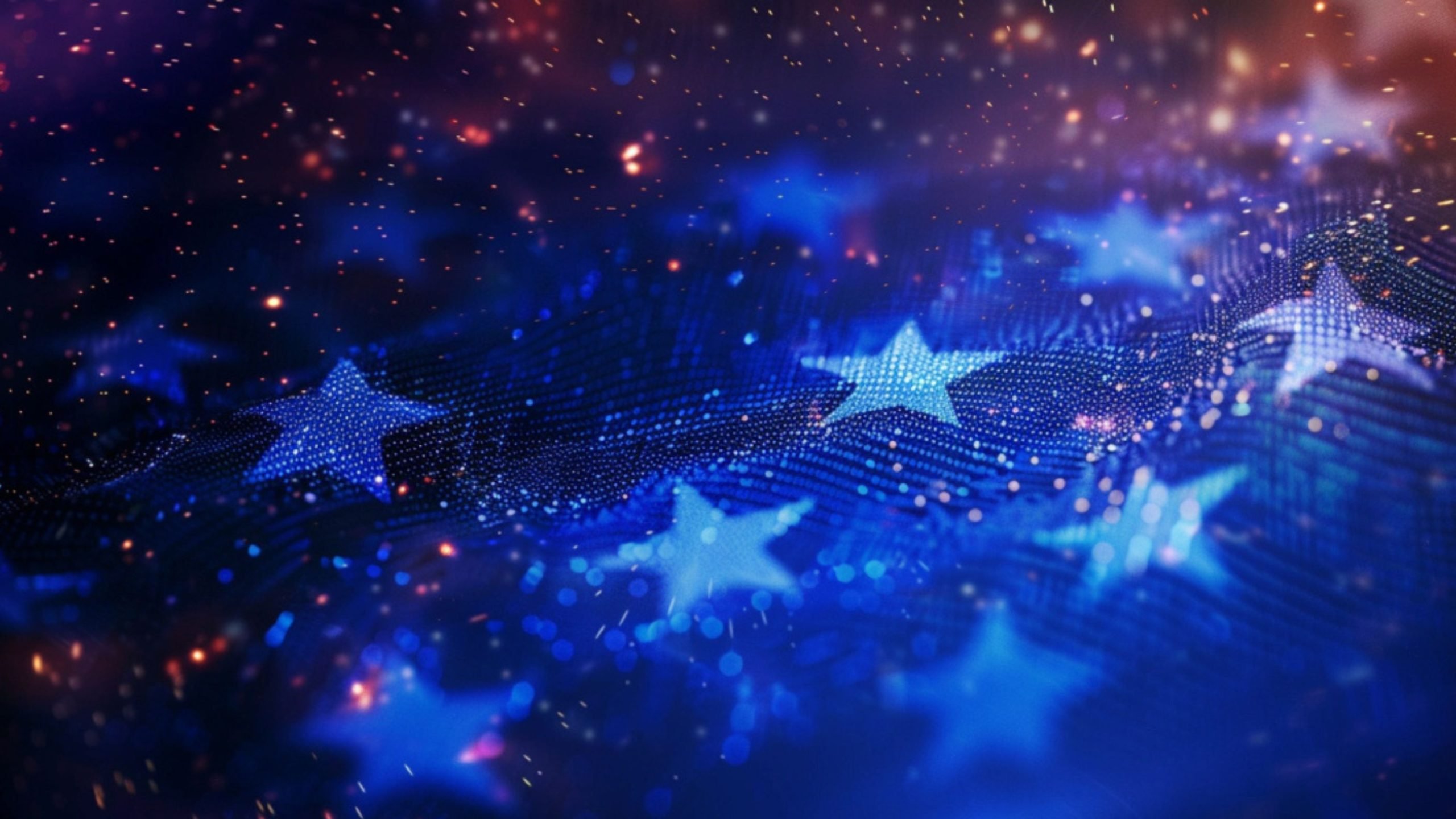 A digital depiction of glowing white stars on a blue background with sparkling lights.