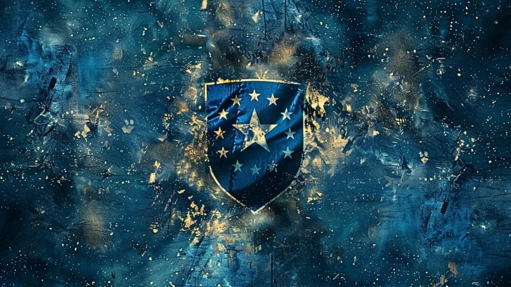 Abstract artwork featuring a blue shield with a star and smaller stars around it, set against a textured background of blue and gold splashes.