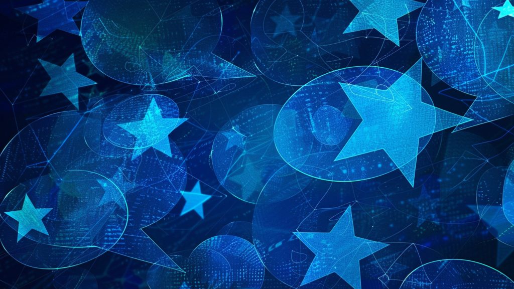 Abstract blue background with overlapping stars and circular shapes.