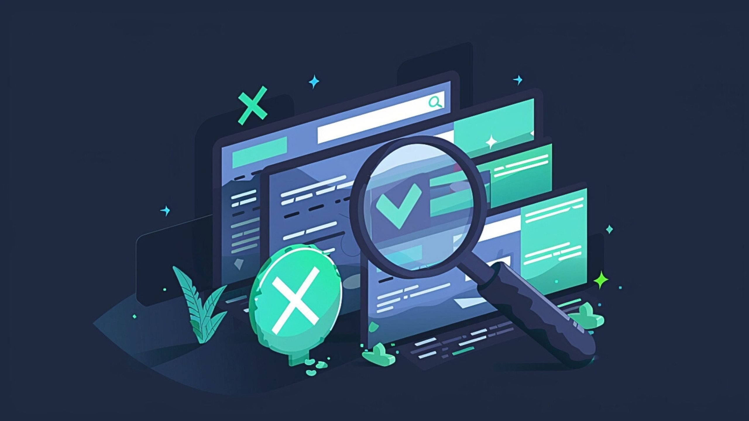 Illustration of a magnifying glass focusing on a computer screen displaying a checkmark, with crosses and digital elements in the background, symbolizing internet searching and security.