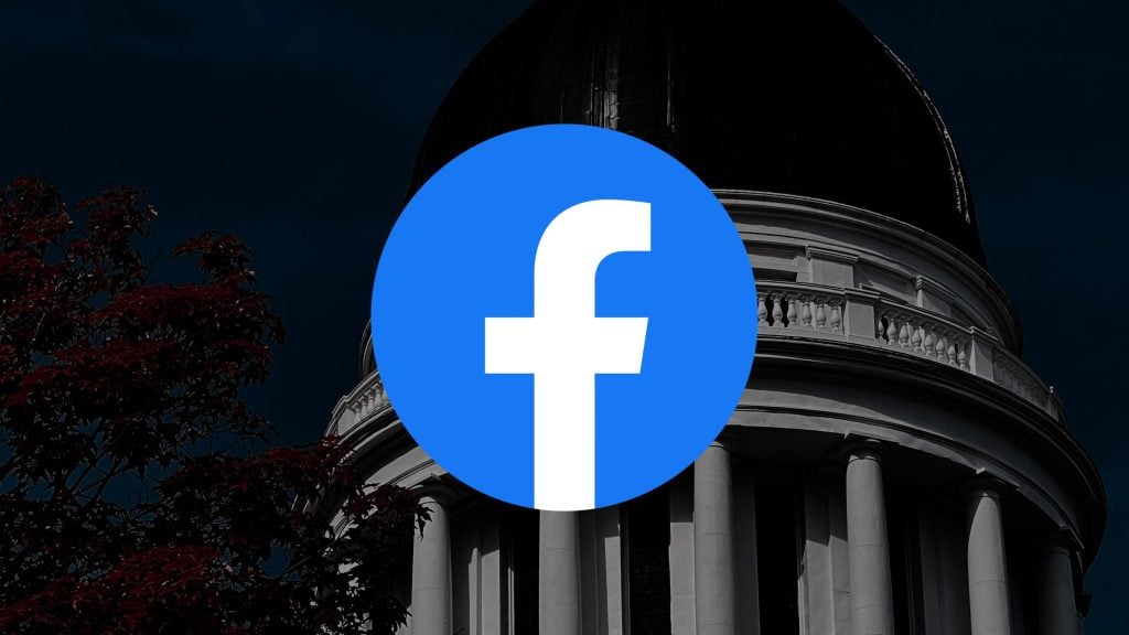 Facebook logo superimposed over a dark image of a classical building with columns.