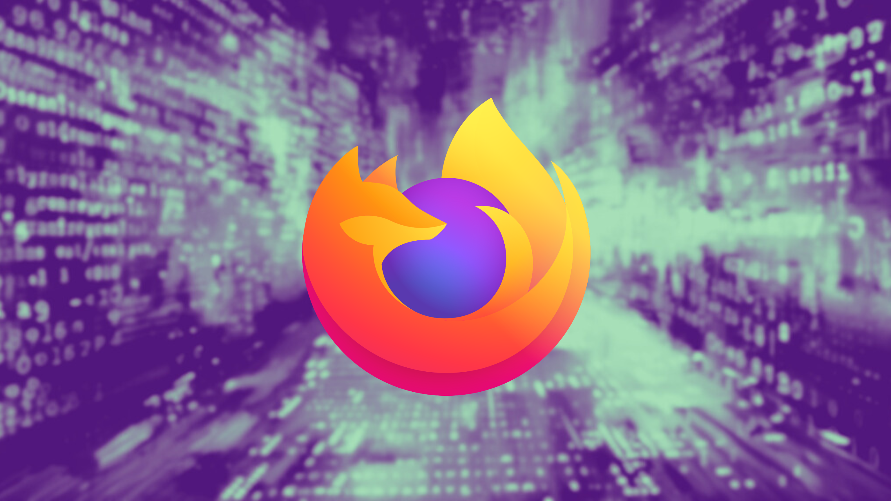 Mozilla Firefox logo on a purple digital background with code.