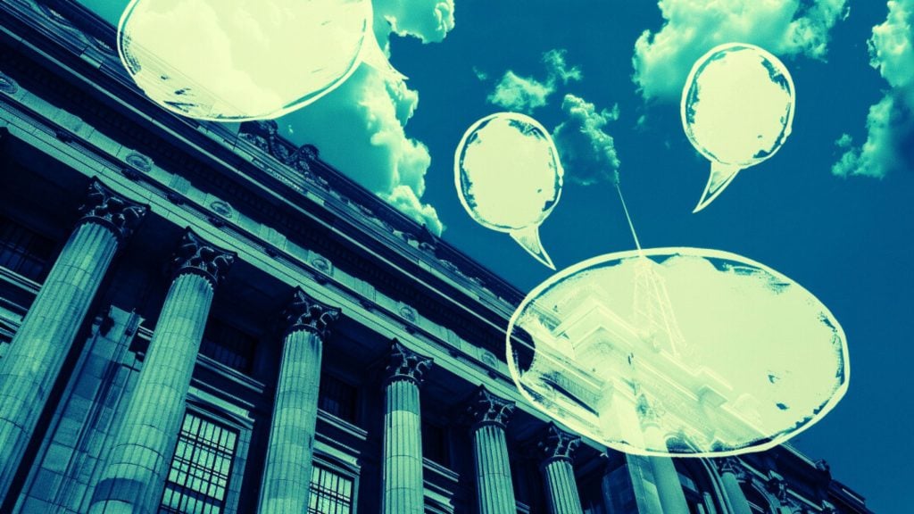 A digitally altered image of a classical building facade with tall columns, overlaid with large, translucent speech bubbles and a blue-green tint.