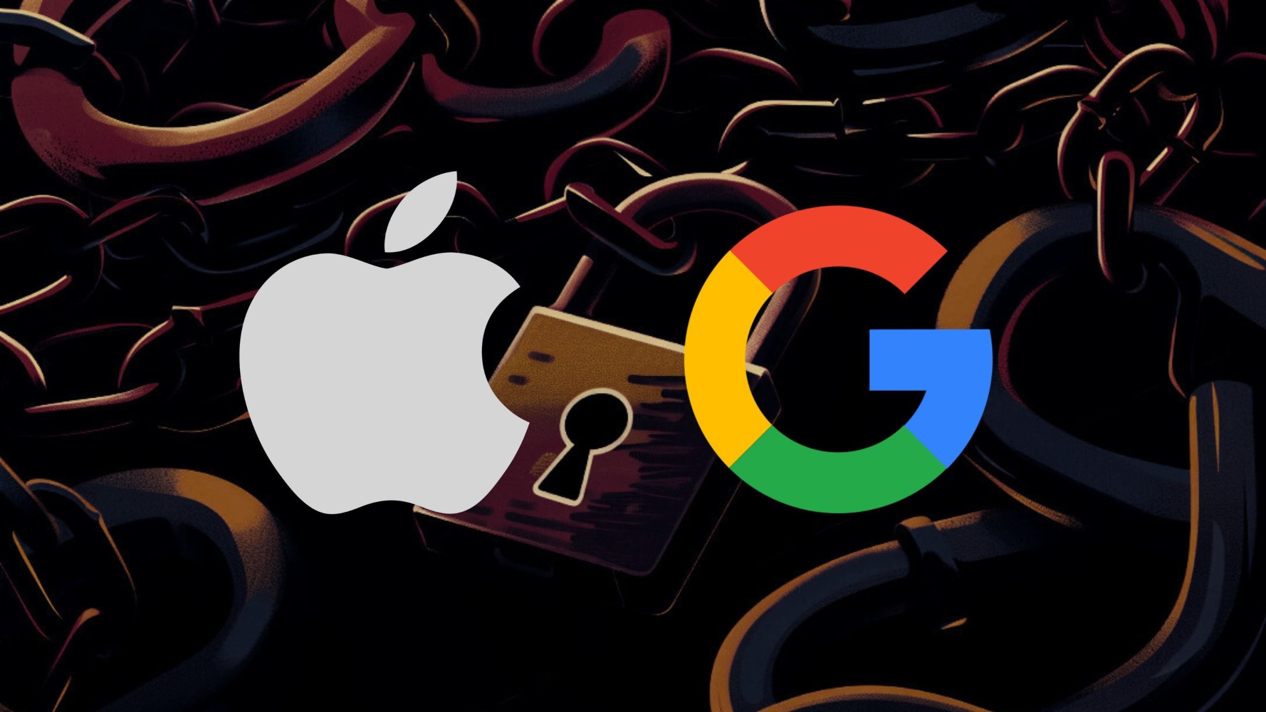 The Apple and Google logos are positioned in front of a background featuring chains and a padlock, symbolizing security or privacy themes.