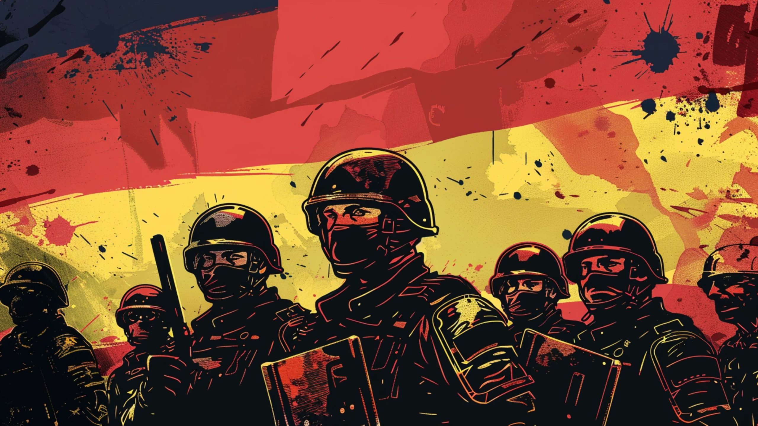 Illustration of a group of armored police wearing helmets and face coverings, standing against a background with red and yellow splashes of color.