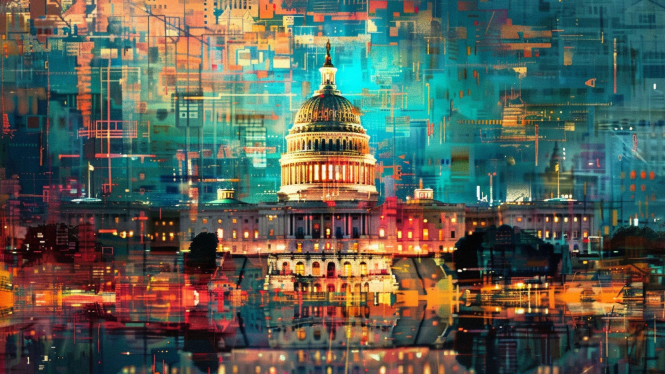 Digital artwork of the U.S. Capitol building surrounded by an abstract array of vibrant geometric shapes and colors.