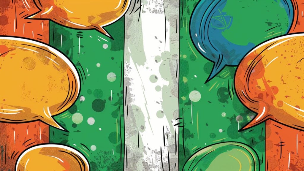 Illustration of various colorful speech bubbles overlapping against a backdrop resembling the Ireland flag, with vertical stripes of green, white, and green.