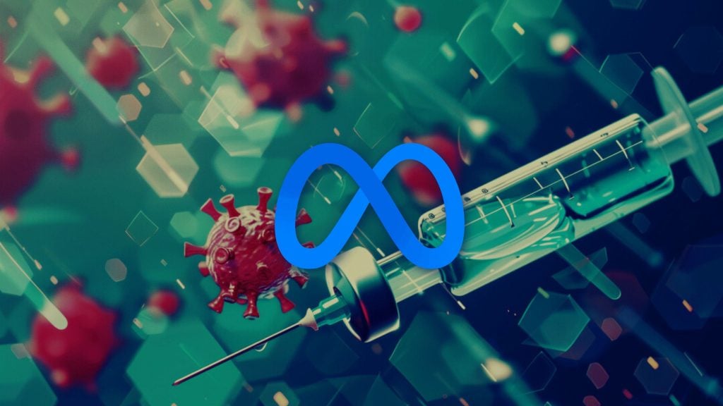 Blue Meta logo over a background of red virus particles and a syringe.