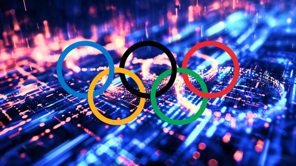 Olympic rings over a digital, neon-lit background.