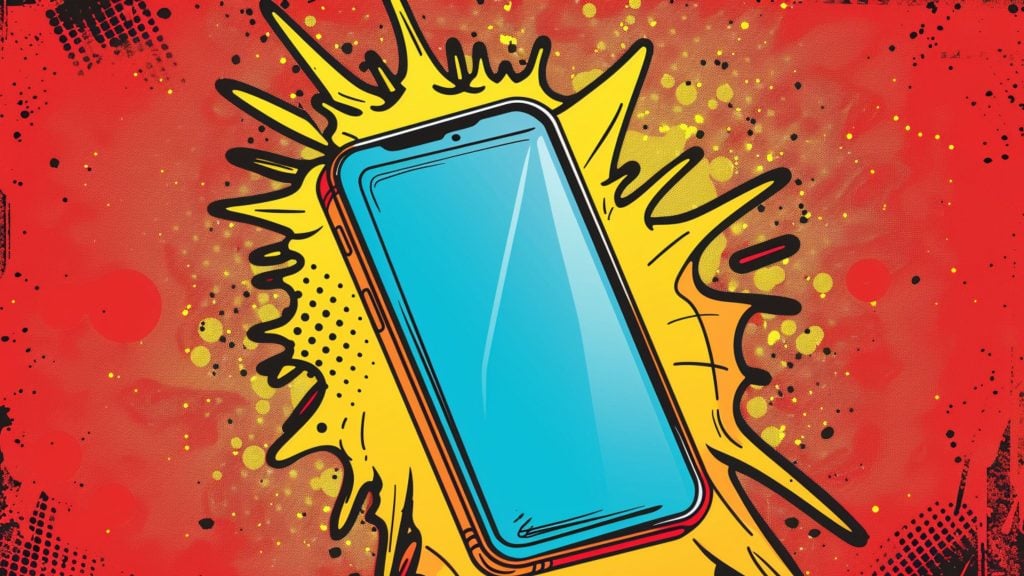 A smartphone illustrated in a pop art style with a vibrant red and yellow explosion background.