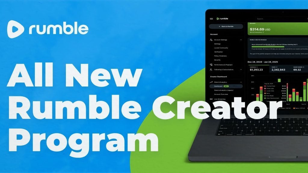 All New Rumble Creator Program advertisement with a laptop displaying analytics.