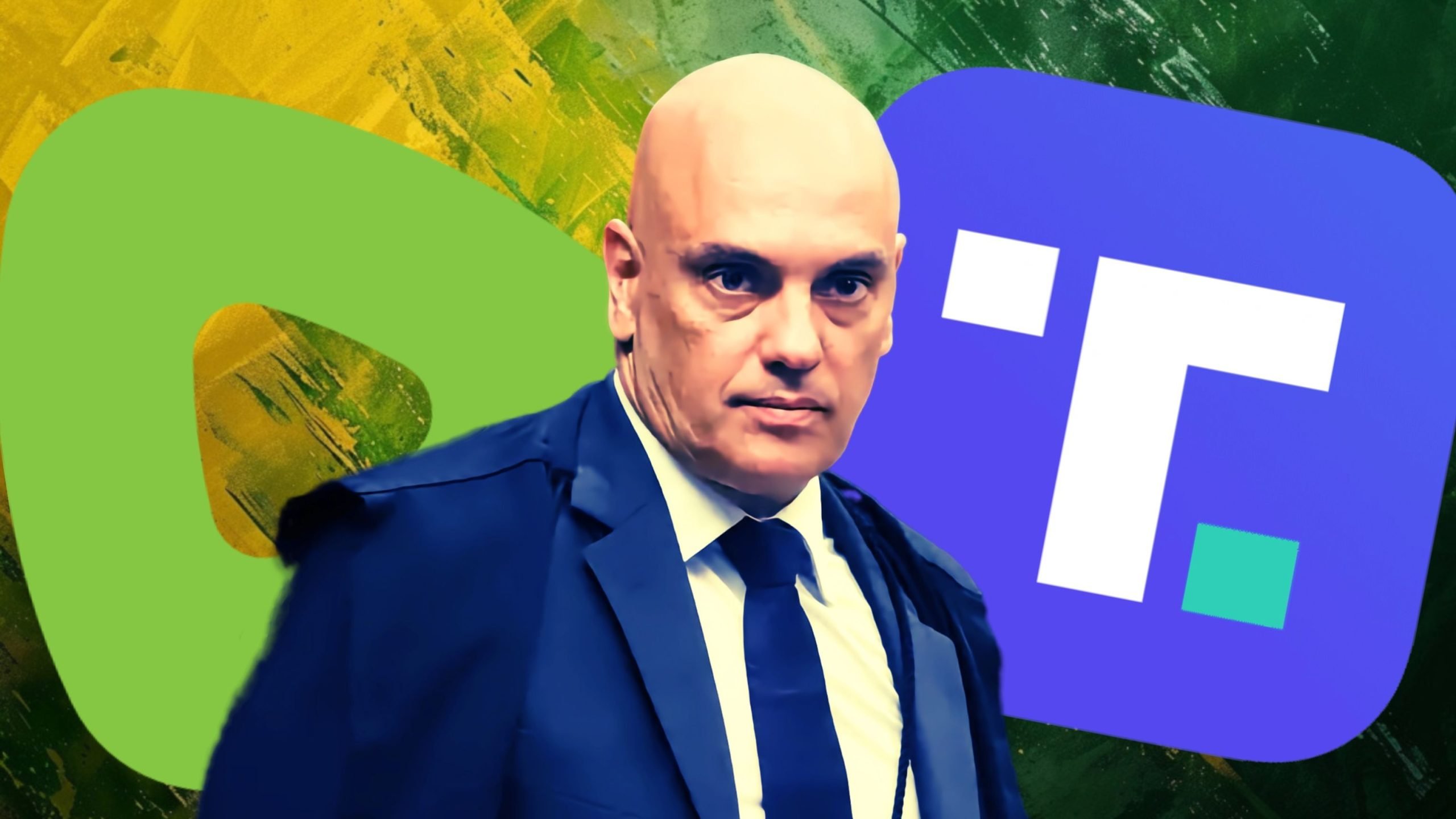 Moraes in a suit stands with a serious expression, against a colorful background featuring abstract green and blue shapes.