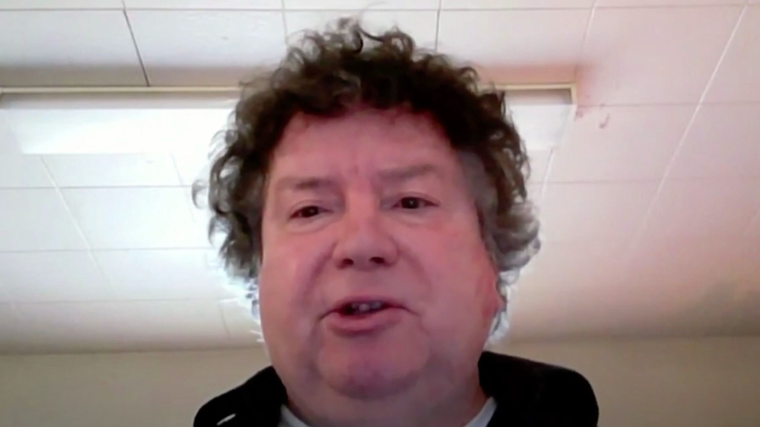 Prof. Scott Gerber with curly hair speaking on a video call.