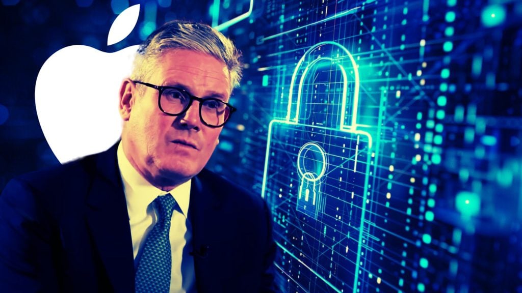 Keir Starmer in glasses and a suit with a digital background featuring a lock icon and Apple's logo.