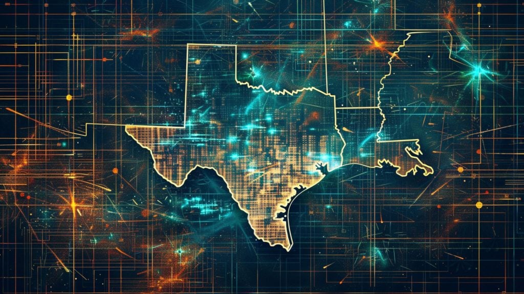 Abstract digital map overlay featuring the outlines of Texas and Louisiana with glowing networks and grids.