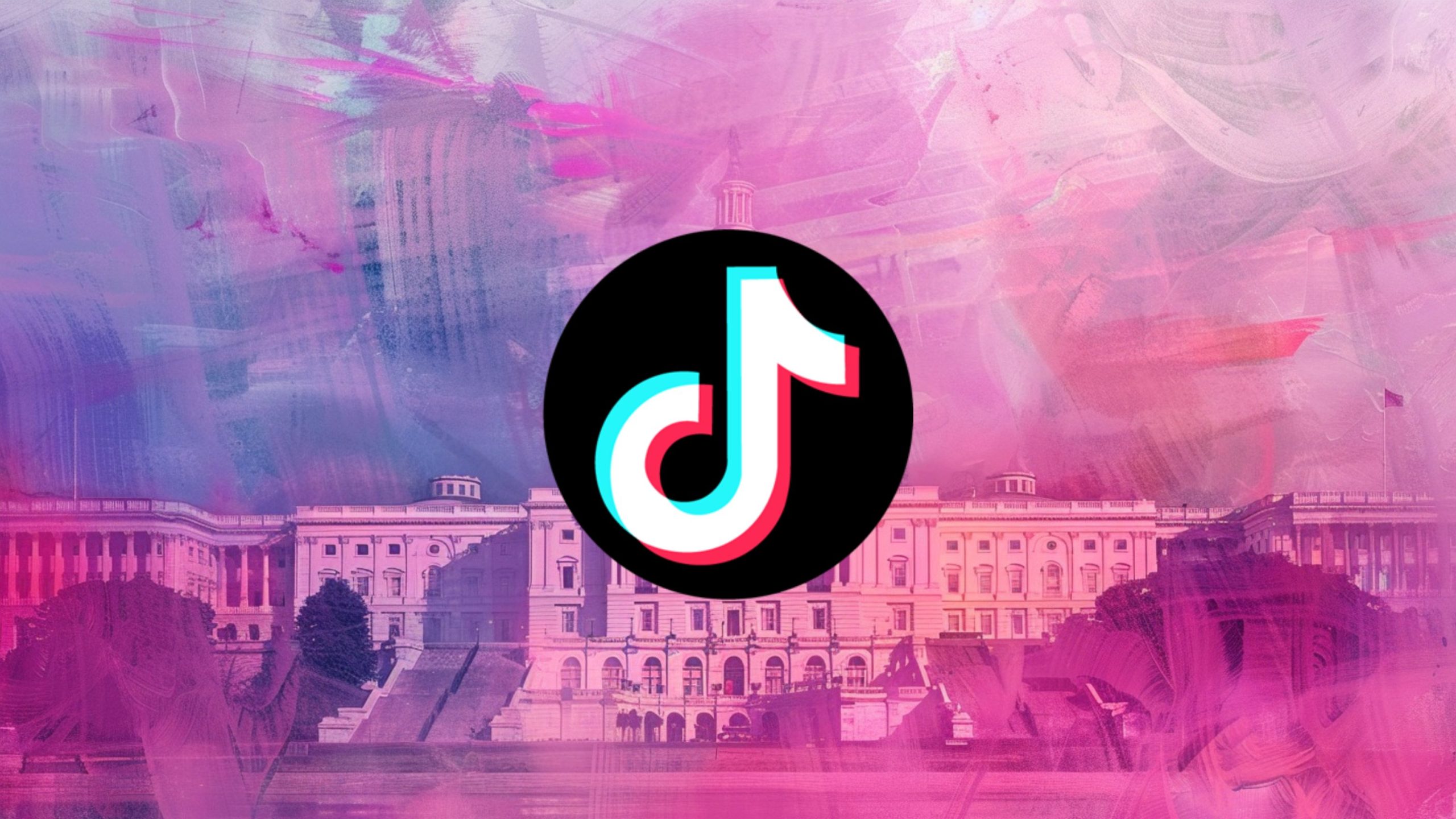 A TikTok logo is prominently displayed over a digitally altered and colorful rendition of a neoclassical building with pink and purple hues.