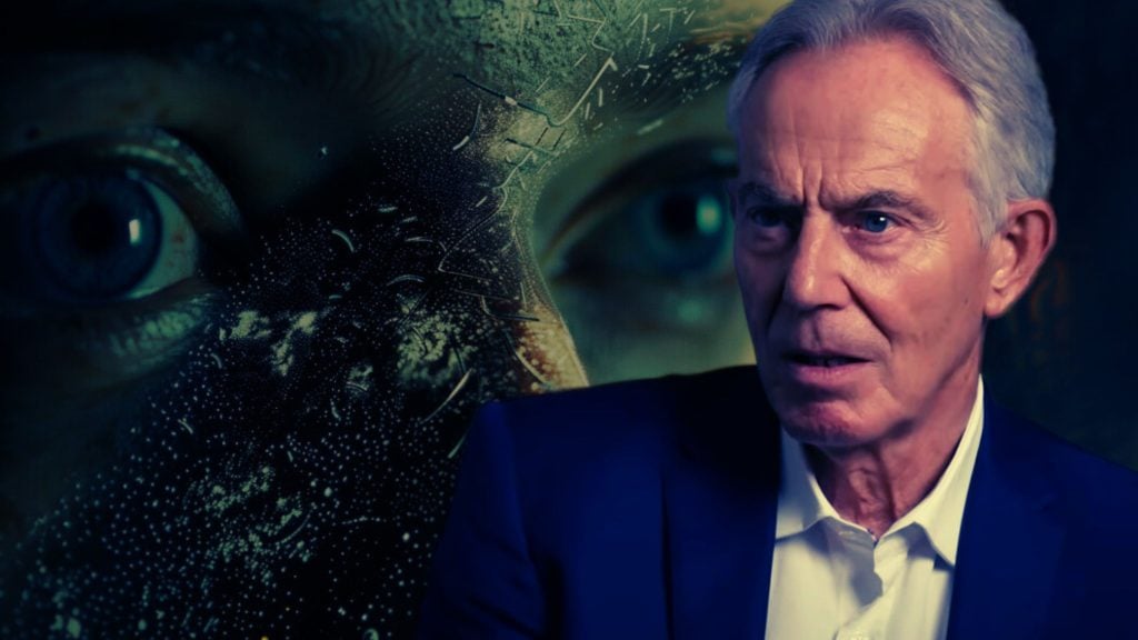 Tony Blair in a suit appears with a large eye and textured surface in the background, creating a dramatic and intense atmosphere.