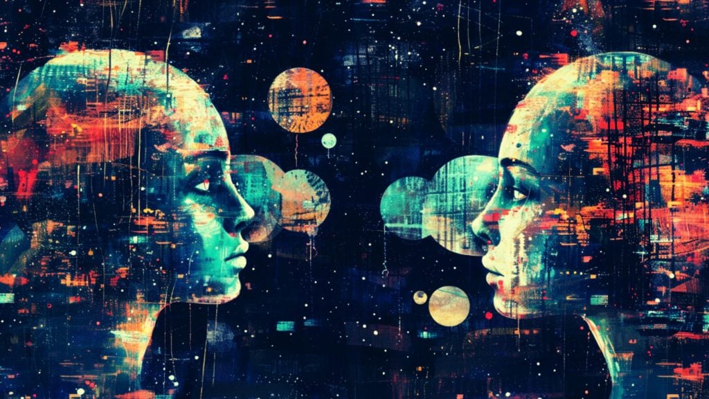 Abstract digital artwork featuring two humanoid profiles facing each other against a cosmic background with floating geometric shapes and vibrant colors.