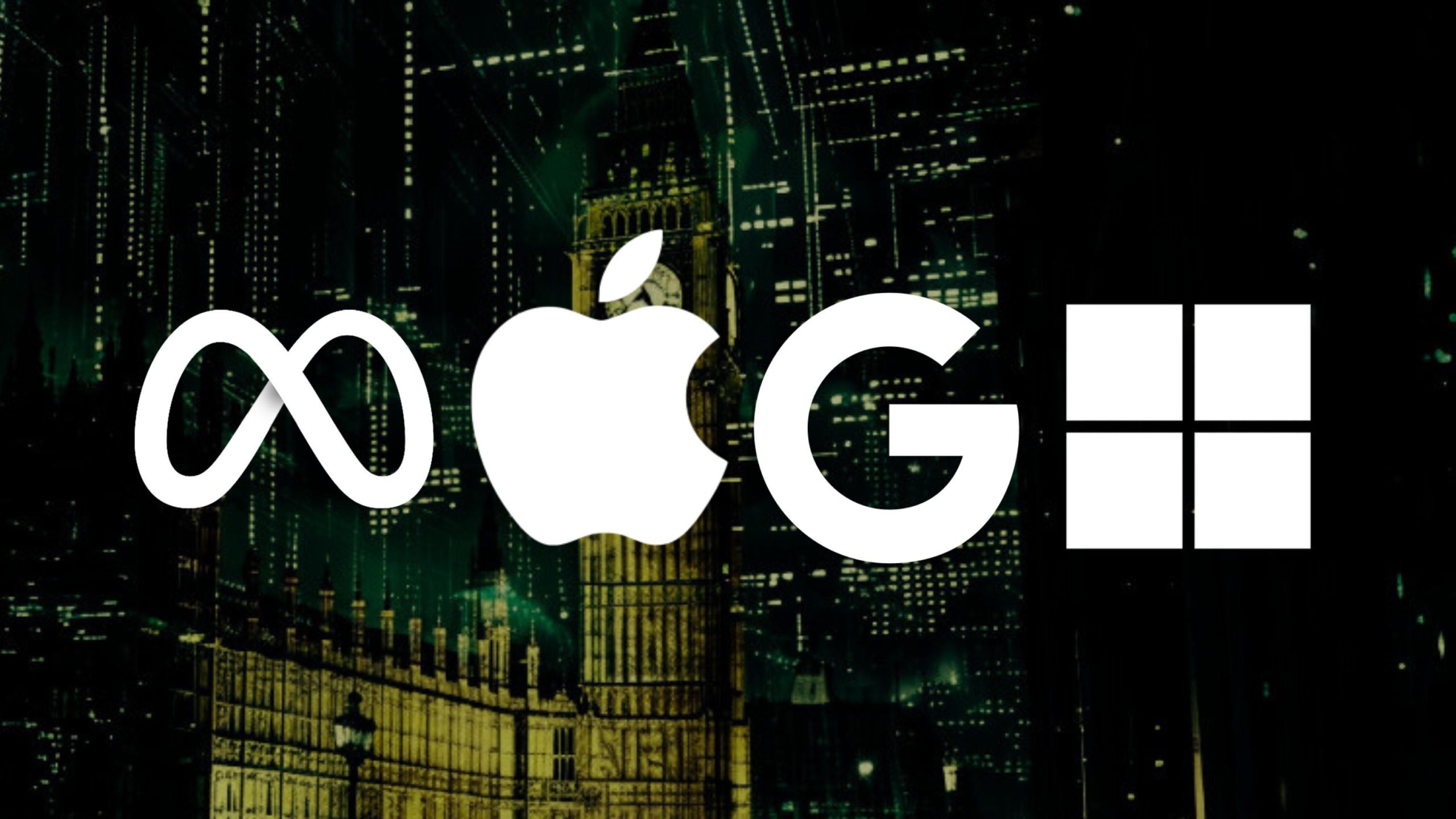 Logos of major tech companies including Meta, Apple, Google, and Microsoft overlaid on a dark, digital artistic background possibly depicting a cityscape.